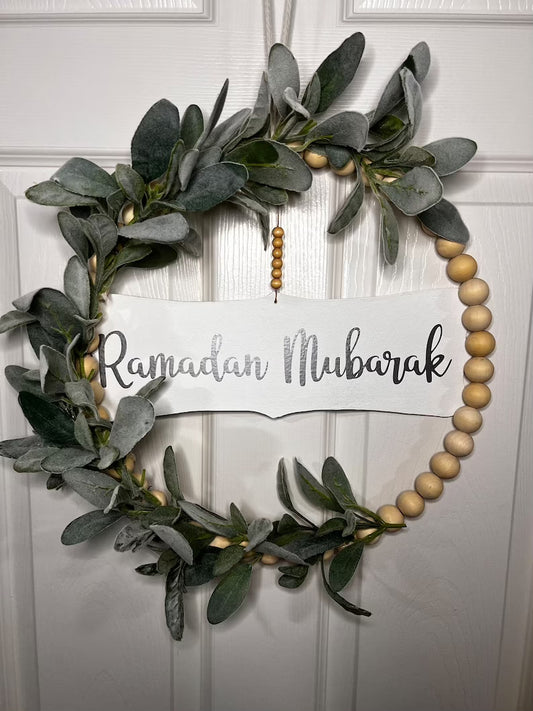 Reversible Ramadan Kareem / Eid Mubarak Wreath | Wood Bead & Faux Floral | Created By EIDIFY