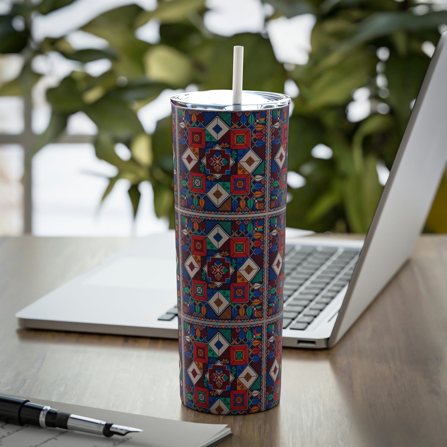 Palestinian Tatreez | Skinny Steel Tumbler with Straw | 20oz