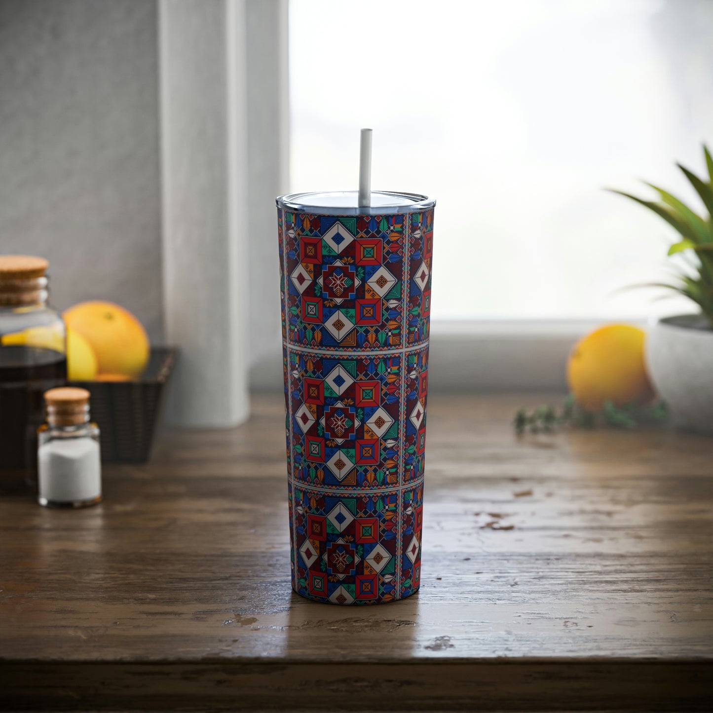 Palestinian Tatreez | Skinny Steel Tumbler with Straw | 20oz