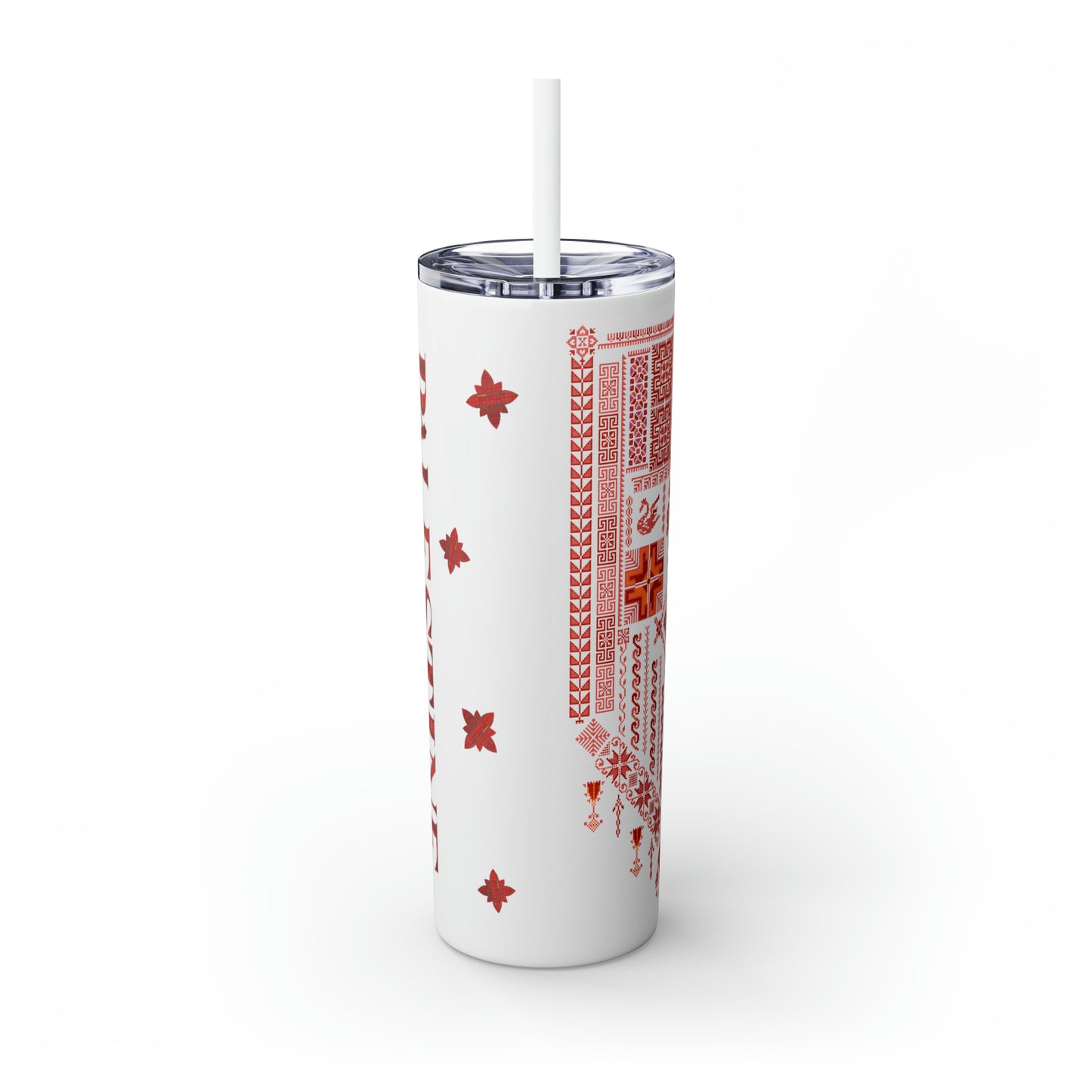 Palestine And Tatreez All Over Design | Skinny Steel Tumbler with Straw | 20oz