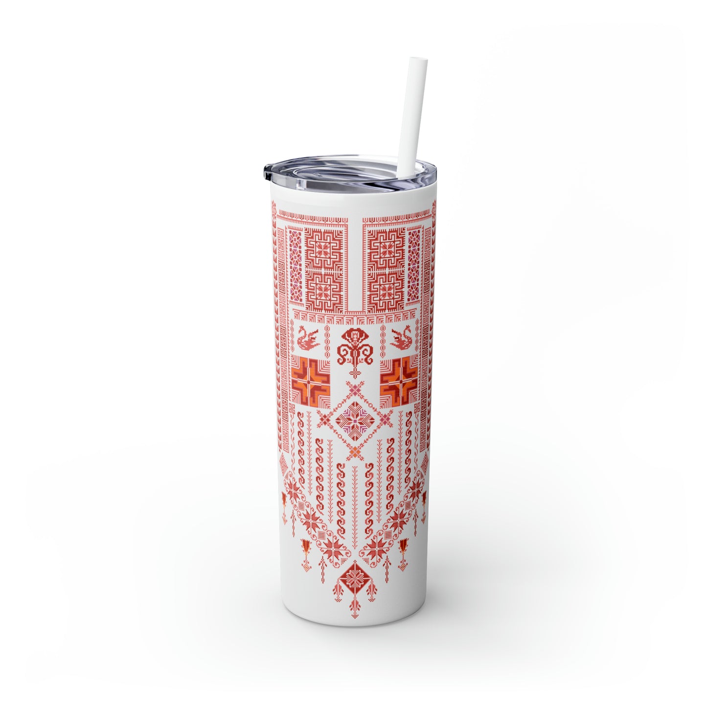Palestine And Tatreez All Over Design | Skinny Steel Tumbler with Straw | 20oz