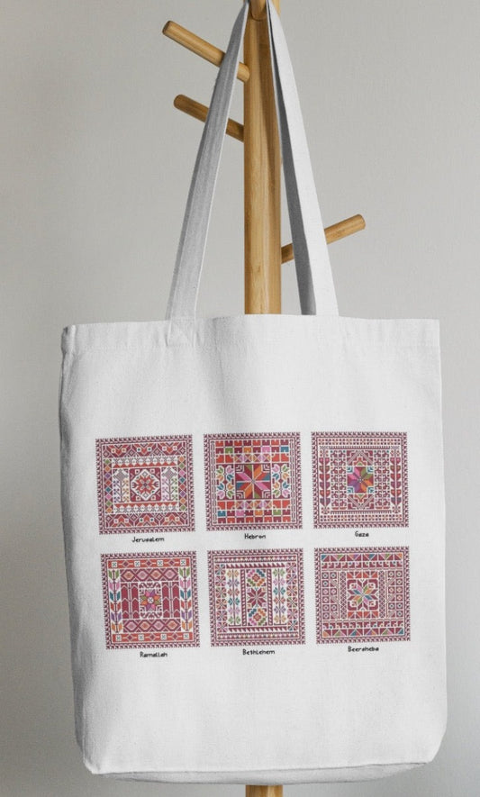 Cities of Palestine Tatreez Design | Canvas Tote Bag